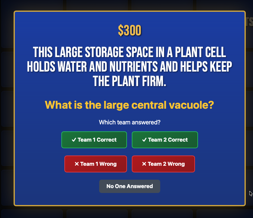 Full-screen review question projected for a classroom Jeopardy game
